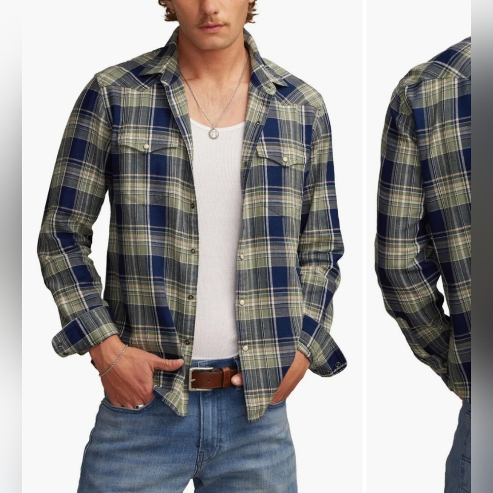 Lucky Brand Plaid Snap-Up Western ShirtMulti Color Blue Green Size XXL